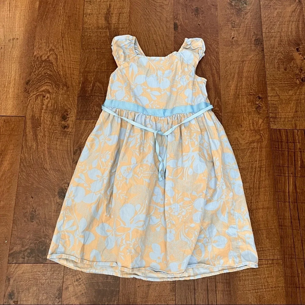 Hanna Andersson girls khaki gold & blue lightweight dress Sz 130/8 ribbon